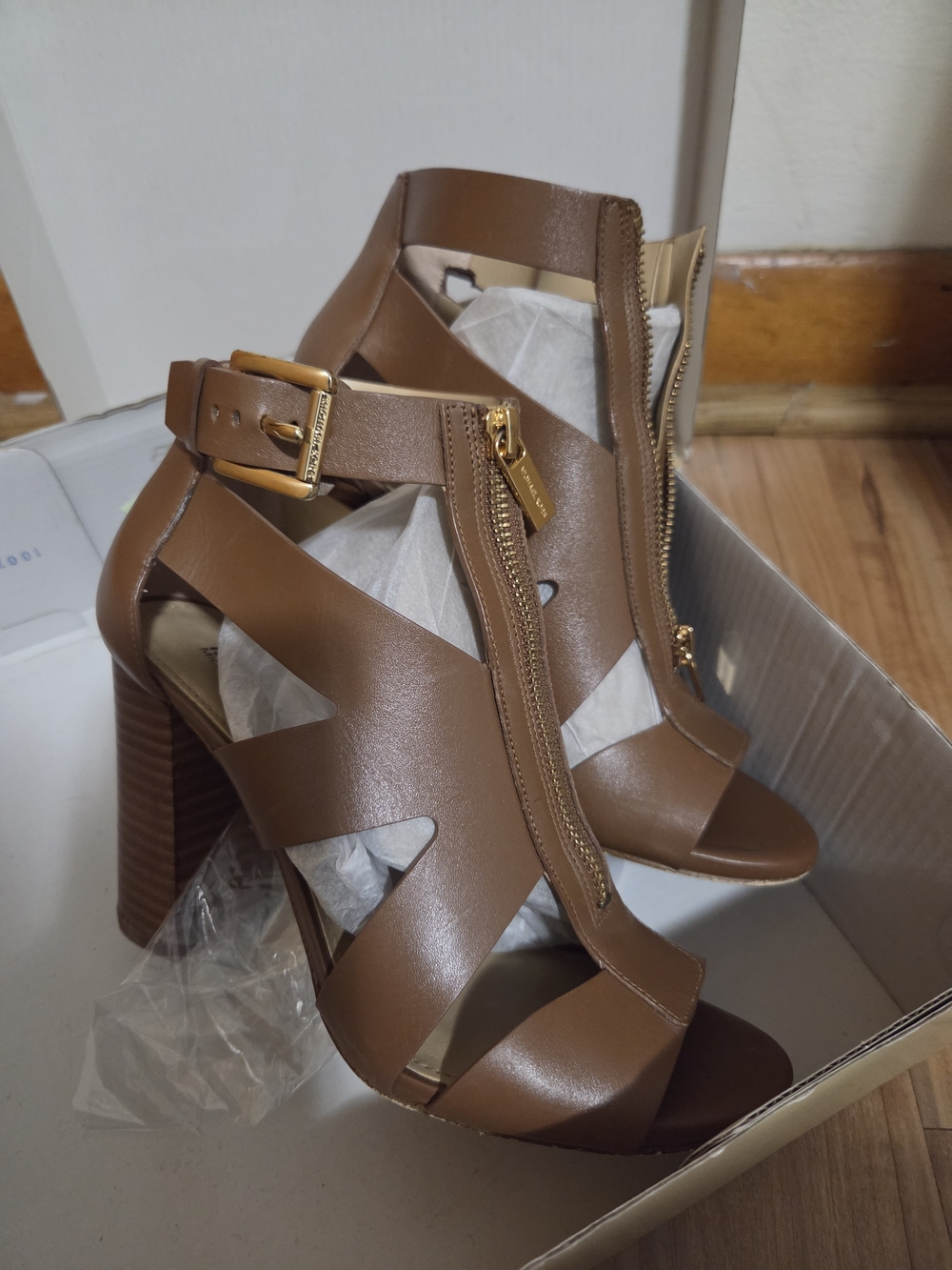 Michael Kors Brown Cutout High Heel Sandals with Gold Zip